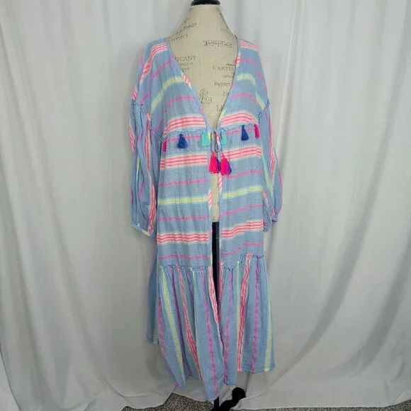 Vineyard Vines Swim Cover Up X Large Maxi Blue Striped Tassels - Picture 12 of 12